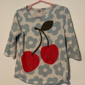 Mini Boden Blue Floral Long Sleeve Tee with Red Cherry Graphic